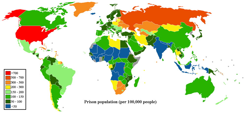 Количество заключенных, находящихся в тюрьмах по странам мира, 2007—2008 год