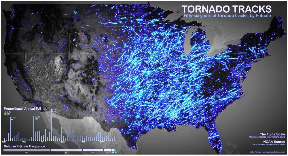 Карта путей торнадо, США