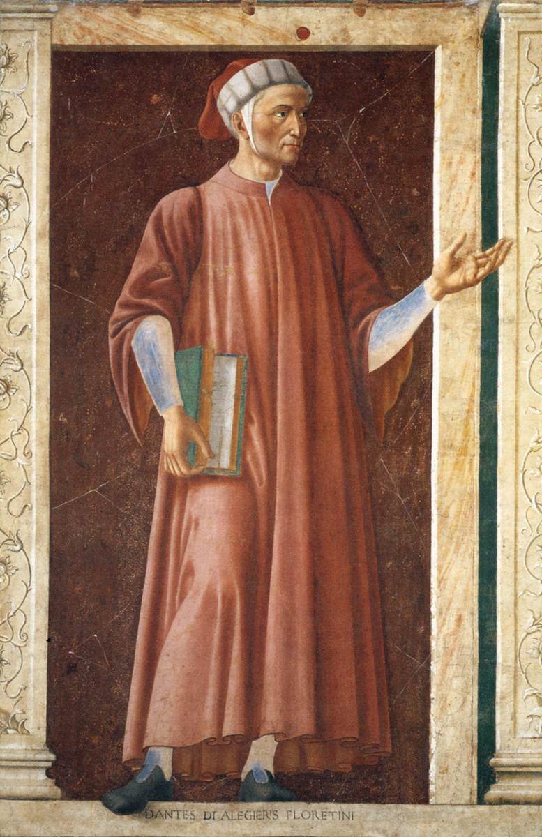 Данте на фреске виллы Кардуччо Андреа дель Кастаньо (1450, Галерея Уффици)