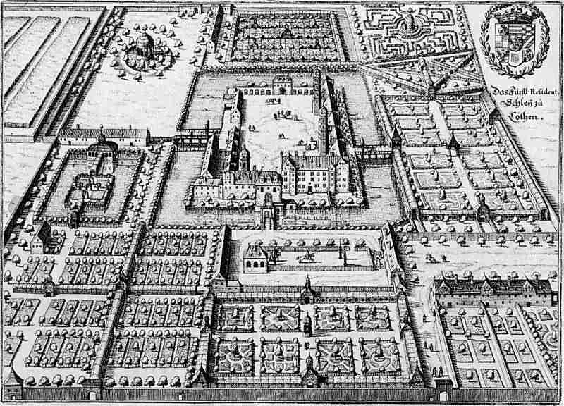 Дворец и сады в Кётене, гравюра из книги «Topographia» Маттеуса Мериана, 1650 год