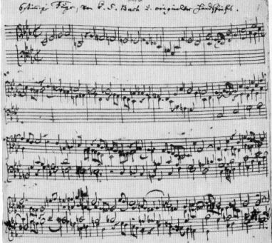 Начало шестиголосной фуги из «Музыкального приношения», автограф Баха